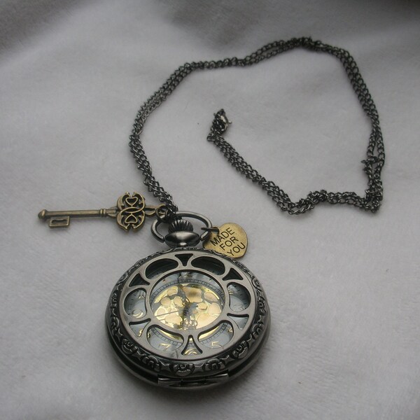 Long antiqued brass working pocket watch clock necklace