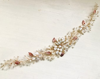 Gold Bridal accessories, bridal hair vine, wedding hair vine, gold freshwater pearls, rose gold leaves handmade in UK