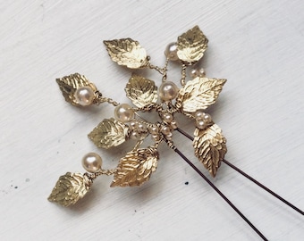 Bridal hair accessories, gold bridal accessories, gold leaf hairpin, leaves, bridesmaids, bride, pearls