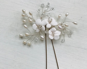 Handmade clay flower crystal pearl hairpin, for brides and bridesmaids