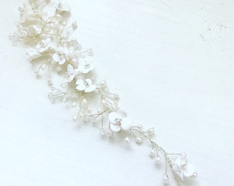 Bridal hairvine, handmade ivory clay flowers silver wedding hairvine