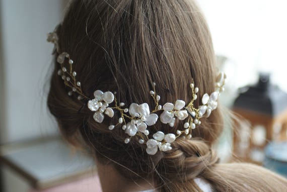 NEW ANDI women\'s juliette pearl blossom hair vine in gold Whimsical pearl bridal headband - Pearl burst and silk  main image 2