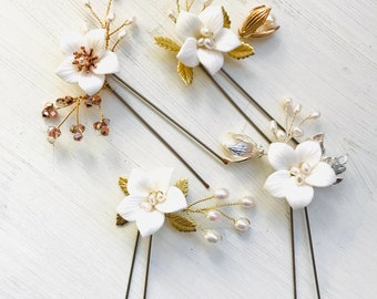 Bridal bridesmaids porcelain clay hairpins, gold or silver