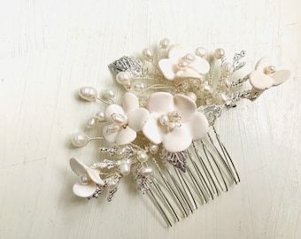 Bridal hair comb, handmade porcelain clay flowers, bridal hair accessories made in U.K.