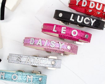 Pet Name Collar in Glitter PU Leather | For Cats and Dogs,Personalized Pet Collars, Diamante Letters,Custom Pet Kitten Cat Collar Gift