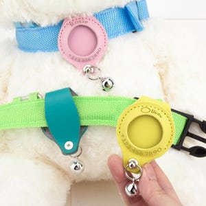 May include: Pink and yellow pet tags with a circular design and a bell attached. The pink tag has the name "Rosie" and a phone number. The yellow tag has the name "Oliver" and a phone number. The tags are attached to blue and green pet collars.