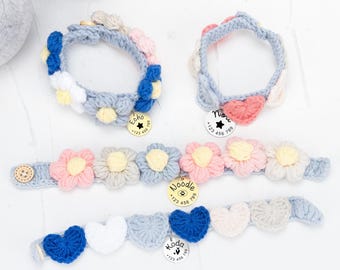 Collar personalizado con flores trenzadas para mascotas, collar de cuerda hecho a mano, nombre y número de teléfono grabados, collar de corazón para gato, hebilla de seguridad, regalo para mascotas.