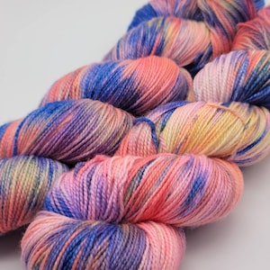 Hand Dyed Yarn – Superwash Merino Wool Cashmere Nylon MCN Sock Yarn  - Pink, Blue, Yellow - 400 Yards – Fingering Weight Yarn (HD54)