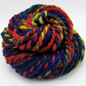 Handspun Yarn – Hand Dyed Merino Wool – 2 Ply Super Bulky Yarn – Bright Red, Blue, Yellow, Green – 39 Yards (HS23)
