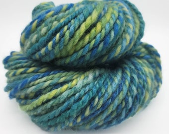 Handspun Yarn – Hand Dyed Norwegian Wool – 2 Ply Bulky Weight Yarn – Blue, Green and Yellow – 78 Yards (HS10)