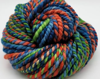Handspun Yarn – Hand Dyed Superwash BFL Wool – 2 Ply Bulky Weight Yarn – Blue, Orange and Green – 51 Yards (HS26)