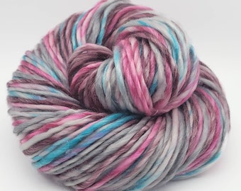 Handspun Yarn – Hand Dyed Superwash Merino Wool and Tencel Fiber – Worsted Weight Singles Yarn – Silver, Fuschia, Aqua – 110 Yards (HS42)