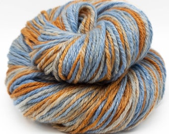 Handspun Yarn – 40% Bamboo/60 Merino Wool, 3 Ply – Worsted Weight – Blue Orange Silver – 155 Yards (HS30)