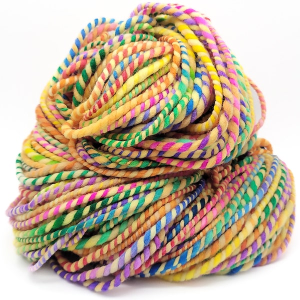 Handspun Merino Wool 2 Ply Barber Pole Rainbow Yarn - Bulky Weight - 117 Yards "Sunshine Spectrum" (HS59)