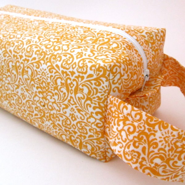 Knitting Project Bag, Cosmetic Bag, Gift Bag - Orange Floral Jacquard Print Cotton Box Bag (BB4)