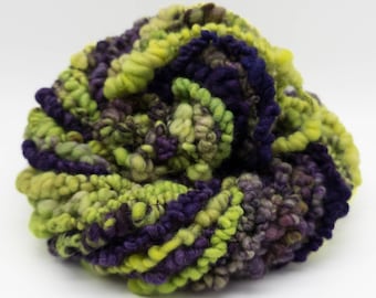 Handspun Boucle Art Yarn - 100% Wool - Super Bulky Weight - Lime and Deep Purple - 20 Yards - Velvet Moss (HS37)
