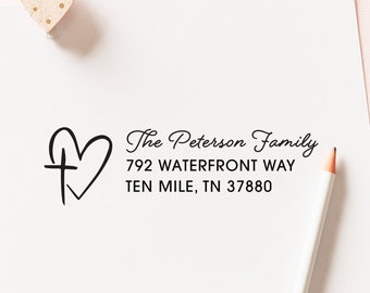 Christian Address Stamp, Cross and Love Address Stamp, Christian Wedding Stamp, Christian believer custom gift,  Self Inking Address Stamp 1