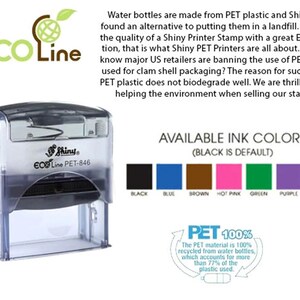 Peut inclure: Tampon Shiny ECO Line PET-846 en plastique transparent avec option d'encre noire. L'image montre les couleurs d'encre disponibles : noir, bleu, marron, rose vif, vert, violet et rouge. Le tampon est fabriqu&eacute; &agrave; partir de plastique PET recycl&eacute;.