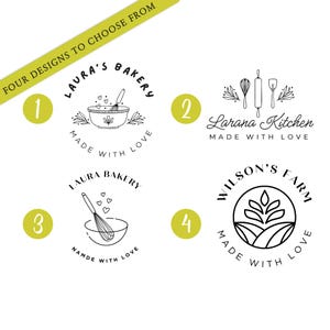 Puede incluir: Cuatro opciones de diseño de logotipos para una panadería o cocina. Cada logotipo es un dibujo lineal en blanco y negro con texto. Los logotipos incluyen un cuenco, un batidor, un rodillo y trigo. El texto incluye "Laura's Bakery", "Larana Kitchen" y "Wilson's Farm".