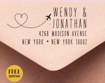Aangepaste adresstempel vliegtuigreizigers: Save The Date, zelfinktende stempel of rubberstempel voor reizigers of bestemmingshuwelijken