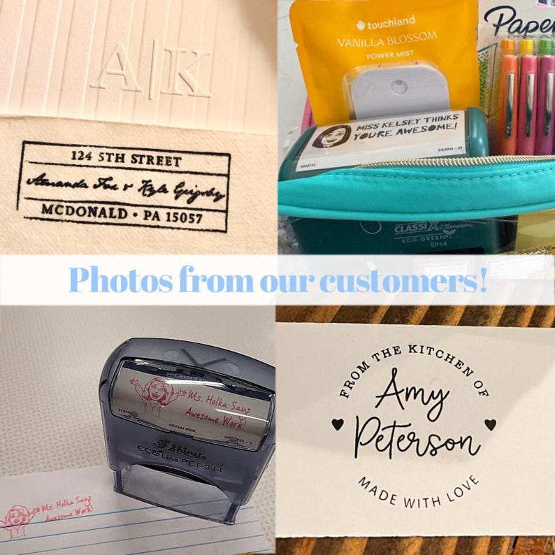 Peut inclure: Un collage de photos de clients pr&eacute;sentant des tampons et de la papeterie personnalis&eacute;s. Un tampon indique "124 5TH STREET, Amanda Tou & Kzlar Grignay, MCDONALD PA 15057." Un autre dit "Ms. Holka Says Awesome Work!" D'autres articles incluent un parfum de vanille et des stylos.