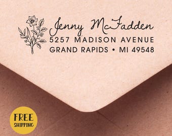 Birth Month Flower Address Stamp: Custom Self-Inking or Rubber Stamper, Gift for Housewarming 418