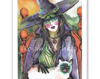 Colorful Witch and her Siamese, Print, 7x10