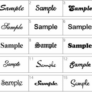 May include: A grid of 15 black and white images showing different variations of the word "Sample" in different fonts and styles.