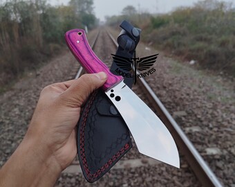 Custom Handmade Hunting Knife - Skinner Knife - Full Tang Fixed Blade Knife - Wood Handle - (Leather Sheath) Camping Knife - Survival Knife