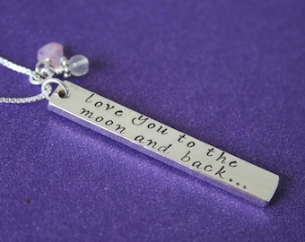I Love You To The Moon and Back Necklace, Sterling, Moonstone Rose Quartz
