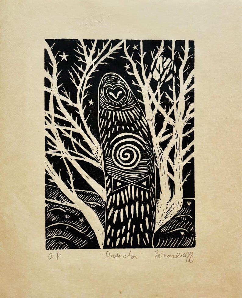 May include: Black and white linocut print of a stylized tree with a heart, spiral, and geometric patterns. The print is titled "Protector" and signed "Simon Wagstaff".