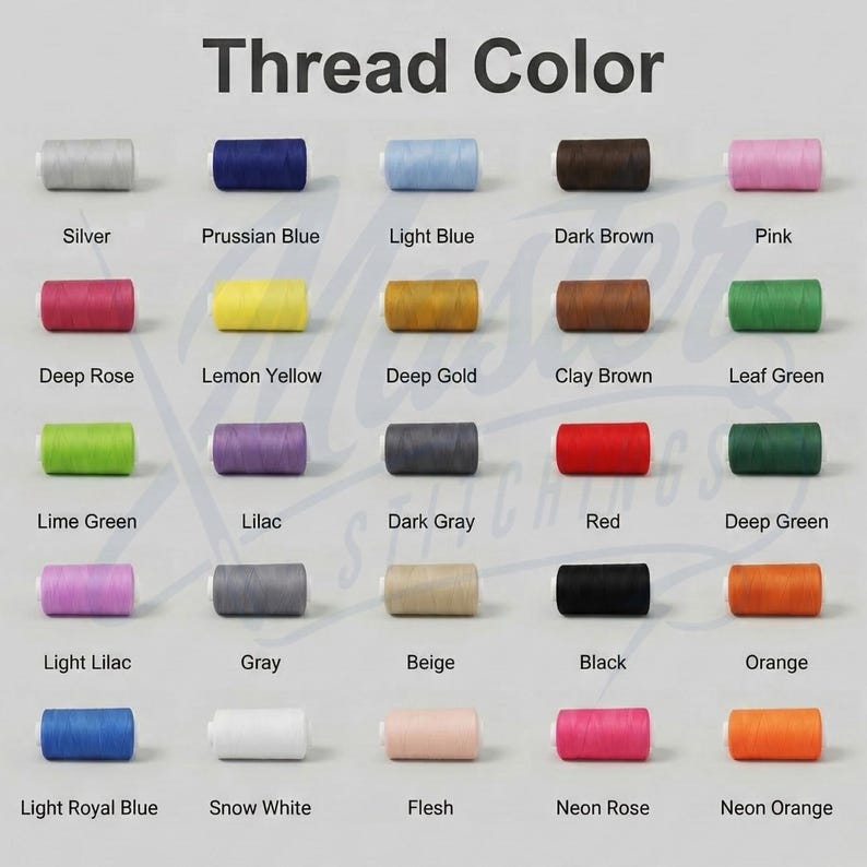 May include: A colour chart showing a range of thread colours, such as silver, Prussian blue, light blue, dark brown, and pink. Other colours include deep rose, lemon yellow, deep gold, clay brown, and leaf green. The text "Thread Colour" is at the top.