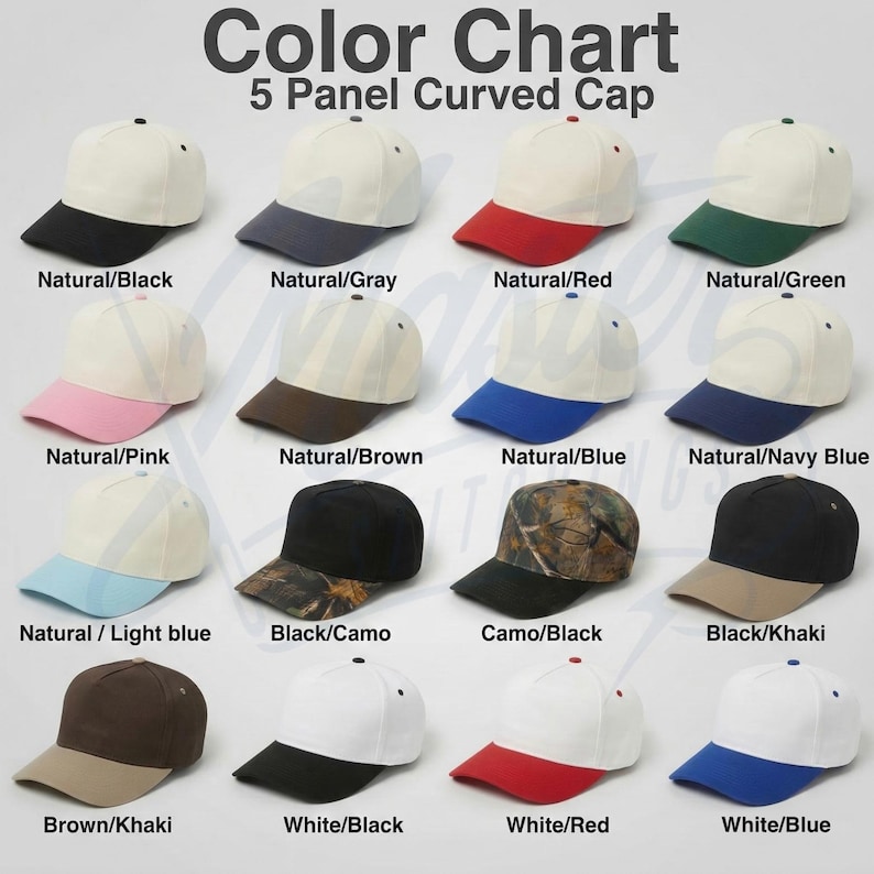 May include: A colour chart of 5-panel curved caps in various colour combinations. The caps have a natural-coloured crown and a coloured brim. Colours include black, grey, red, green, pink, brown, blue, navy blue, light blue, camo, and khaki.