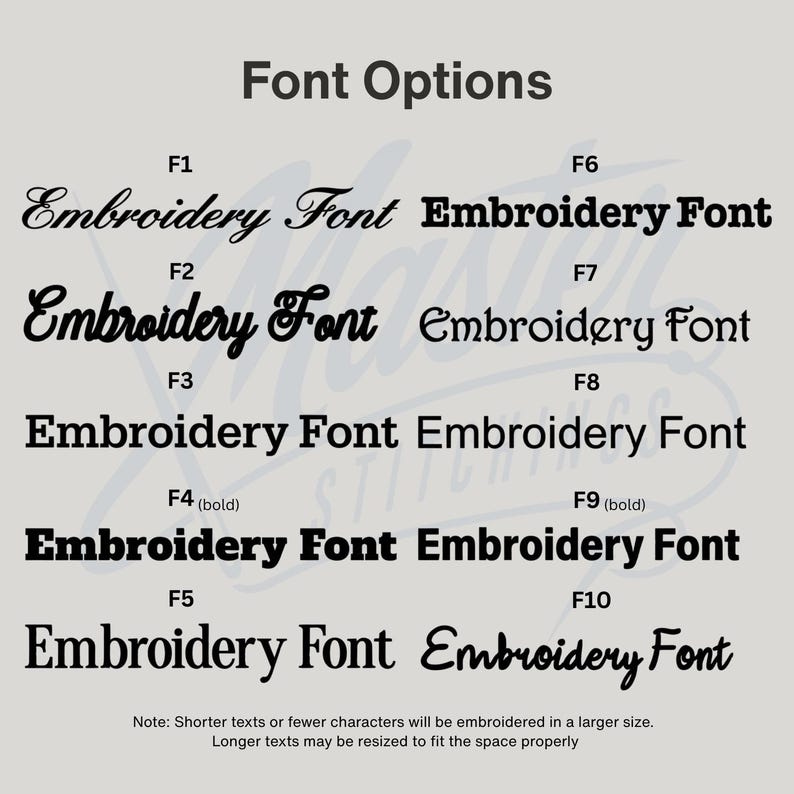 May include: An image showcasing ten embroidery font styles, labelled F1 to F10, each displaying the words "Embroidery Font". The title "Font Options" is at the top. A note at the bottom explains text sizing for embroidery.