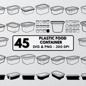 May include: A set of 45 black and white outline illustrations of plastic food containers. The containers are various shapes and sizes, with lids and without lids. The text "Plastic Food Container" and "SVG & PNG - 300 DPI" is included in the image.