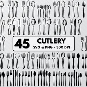 Cutlery Silhouette Png, Cutlery Svg Bundle, Cutlery Clipart Png Set, Cutlery Decal, Fork Spoon Outline, Spoon Vector Art Svg Cut File Cricut