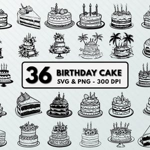 Birthday Cake Svg Png Bundle, Birthday Cake Silhouette Art, Cake Designs Clipart Decal Outline, Birthday Cake Vector Cut File, Cake Cricut