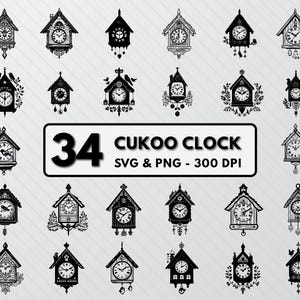Op de afbeelding: Een set van 34 zwart-witte illustraties van koekoeksklokken. De illustraties zijn in verschillende stijlen, waaronder traditioneel, grillig en modern. De tekst "34 CUKOO CLOCK SVG & PNG - 300 DPI" staat onderaan de afbeelding.