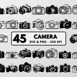 May include: A set of 45 black and white camera illustrations. The illustrations are in a variety of styles, including vintage, modern, and cartoon. The text "45 CAMERA SVG & PNG - 300 DPI" is at the bottom of the image.