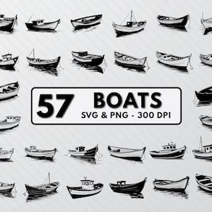 Op de afbeelding: Een set van 57 zwart-witte boot illustraties. De boten zijn getekend in een eenvoudige, gestileerde manier. De tekst "57 Boats SVG & PNG - 300 DPI" wordt in het midden van de afbeelding weergegeven.
