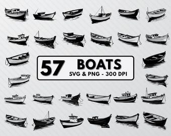 Boat SVG Bundle: 58 Fishing, Paddle Boat Silhouettes (PNG, Vector)