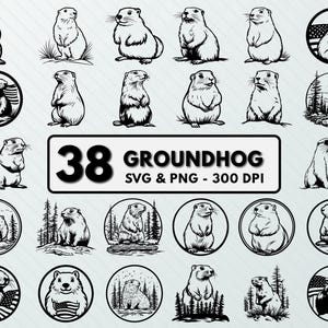 May include: A set of 38 black and white groundhog illustrations in various poses, including standing, sitting, and holding an American flag. The illustrations are in a circle format and include the text "38 Groundhog SVG & PNG - 300 DPI".