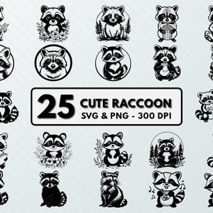 Cute Raccoon Svg Png Bundle, Cute Raccoon Clipart, Raccoon Silhouette, Raccoon Vector, Raccoon Cut File, Raccoon Cricut, Raccoon Decal Art