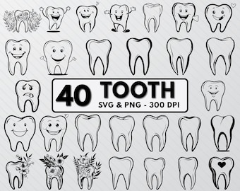 Tooth Silhouette Svg, Tooth Svg Bundle Cut File, Flower Tooth Clipart, Healthy Tooth Outlines, Tooth Png Files, Tooth Decal, Tooth Vector
