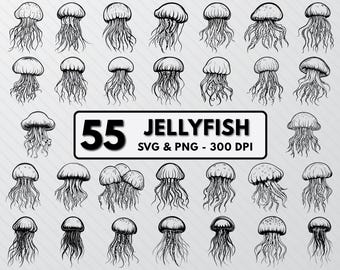 Jellyfish SVG Bundle: Silhouette Vector Art, Logo Clipart (PNG)