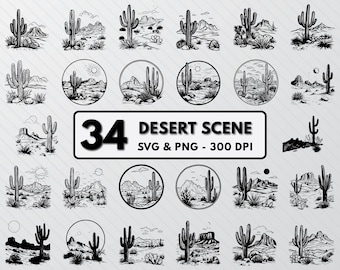 Desert Scene SVG Bundle: Cactus Sunset Landscape Clipart (PNG, SVG)