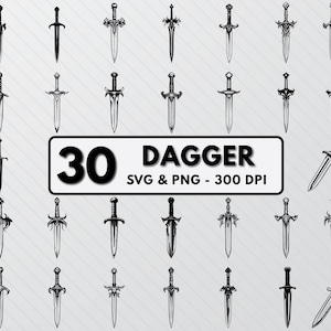 May include: A set of 30 black and white dagger illustrations. The daggers are in various styles and designs. The text "30 DAGGER SVG & PNG - 300 DPI" is at the bottom of the image.
