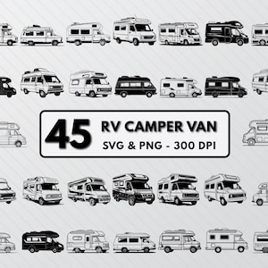Pode incluir: Um conjunto de 45 ilustrações em preto e branco de autocaravanas. As ilustrações são de vários estilos e tamanhos. O texto "45 RV CAMPER VAN SVG & PNG - 300 DPI" está na parte inferior da imagem.