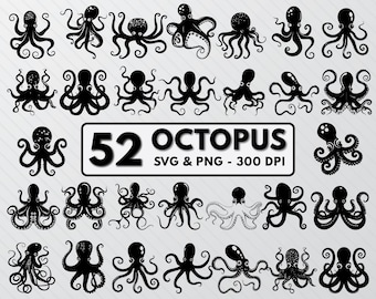 Silueta de pulpo SVG: Clipart de criatura marina (PNG, vector)