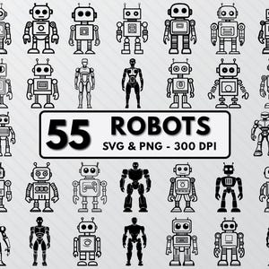 May include: A set of 55 black and white robot illustrations. The robots are in various poses and designs. The text "55 Robots SVG & PNG - 300 DPI" is at the top of the image.